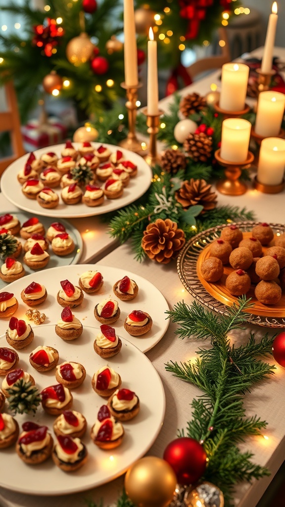 A festive table with assorted Christmas appetizers including stuffed mushrooms, cranberry brie bites, and mini meatballs.
